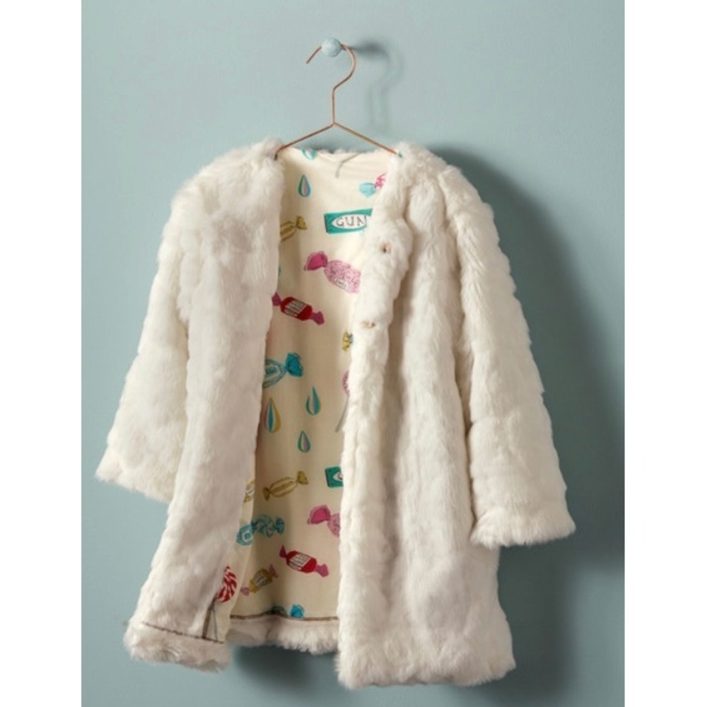 Mini Boden Roald Dahl Veruca Salt Faux Fur Coat Cream Candy Print Lining 2-3 Yrs